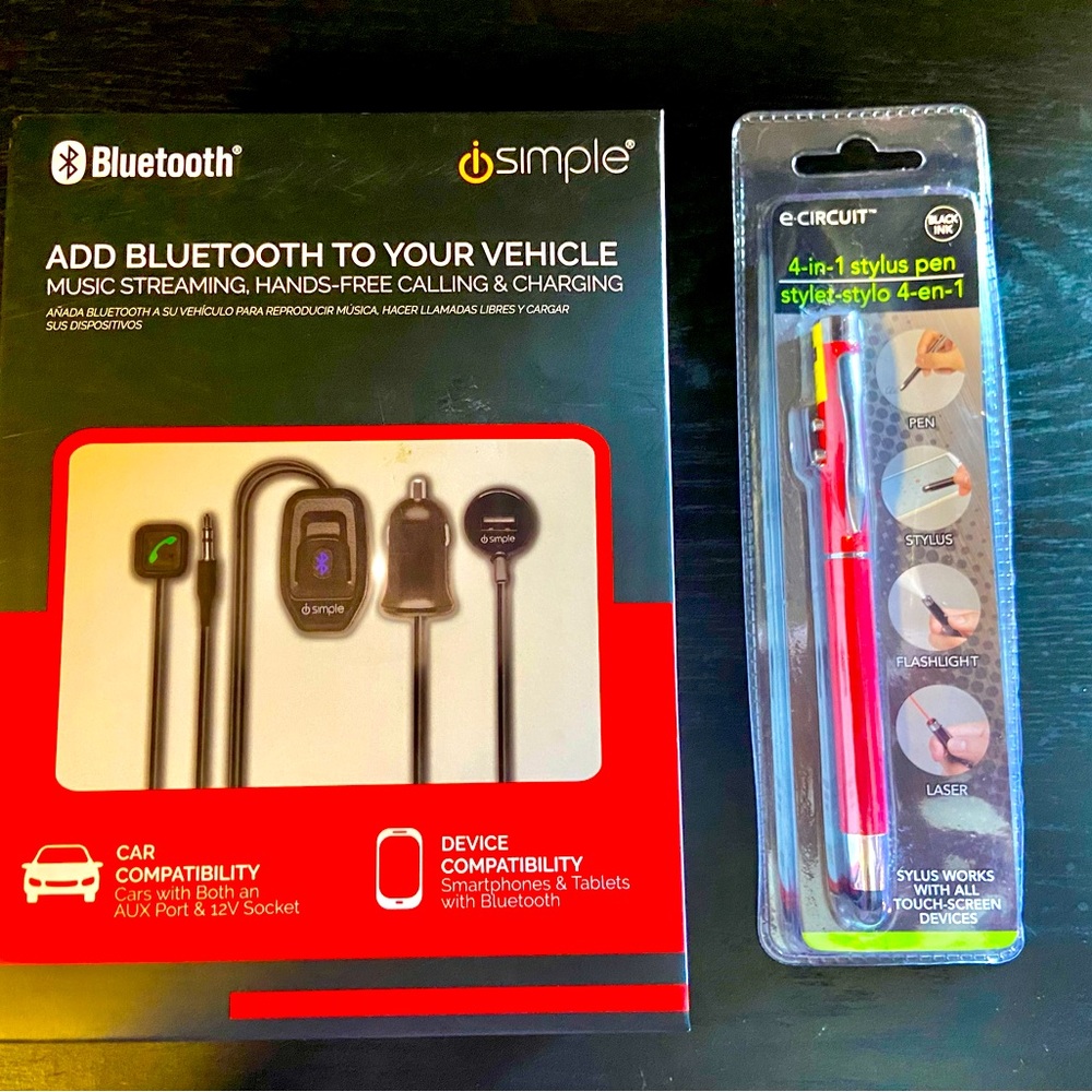 NWOT Add Bluetooth with AUX & 12v socket-never out of box plus New 4 in 1 stylus